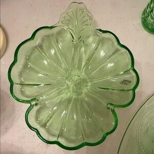 Green depression Glass Leaf-Shaped Dish Glows!!!!
